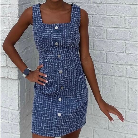 Day + Moon Blue Tweed Button Front Mini Dress Women’s Size M Square Neck - Picture 1 of 4